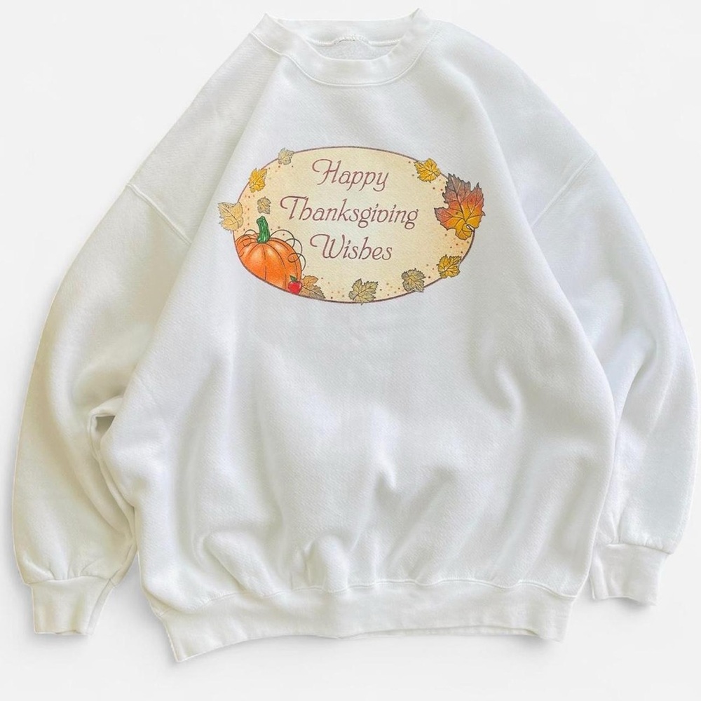 Vintage White Oversized Fall Happy Thanksgiving Wishes Holiday Sweatshirt - Picture 1 of 6